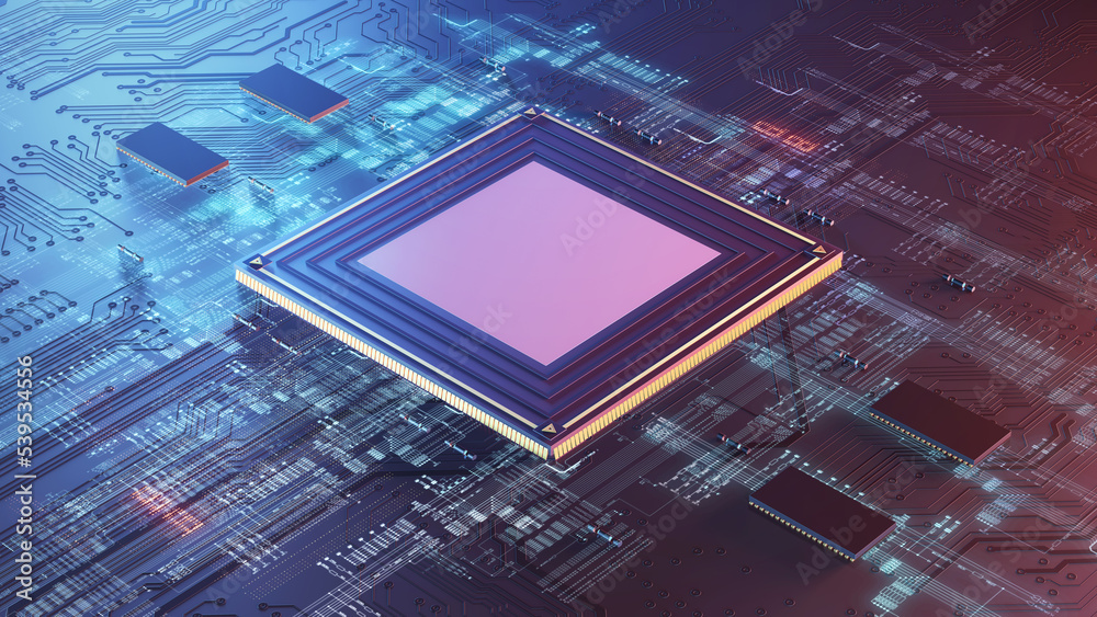 Aufkleber High Technology CPU on a Complex Circuit Microchip Board Surface. Digital close-up of a high-tech microchip and electronic circuits, symbolizing innovation and modern technology. 3d rendering