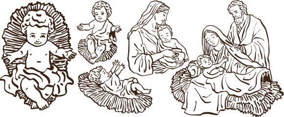 Nativity Of Jesus with Holy Family - Virgin Mary, baby Jesus Christ, Saint Joseph Vector Vintage Art Christmas Holiday Illustration Black and White 
