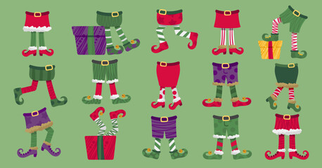 Bottom off elf party costume. Сhristmas elves boots with upturned toes, striped stocking and gift boxes. Leprechaun legs cartoon vector set