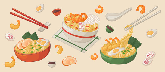 Ramen noodles with eggs. Japan meal cartoon vector illustration set