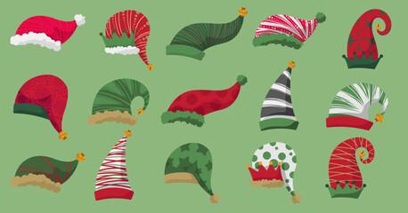 Christmas elf hats. New Year's pointy hats for elves cartoon vector illustration set