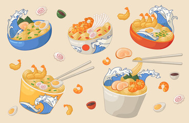 Ramen plate with sea wave. Japan noodles meal cartoon vector illustration set