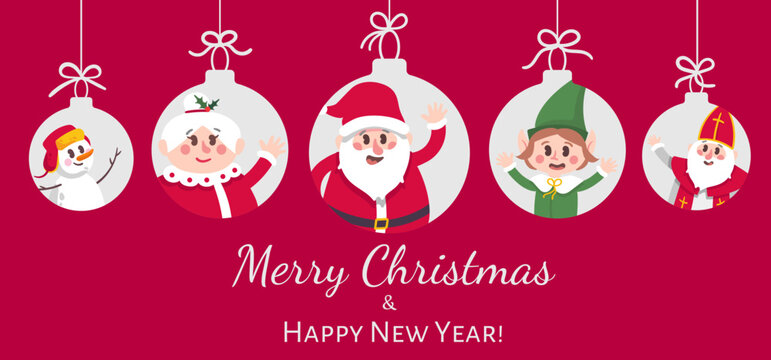 Merry Christmas greeting card. Christmas balls with happy characters vector illustration