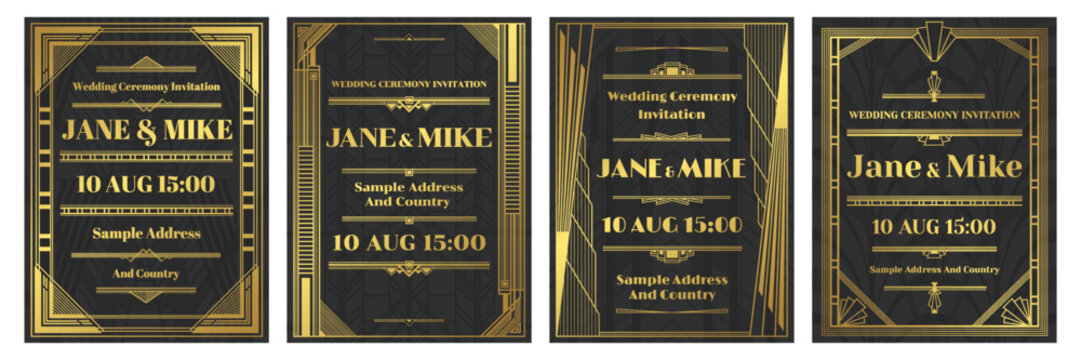 Antique invitations. Art deco wedding event invitation card template vector set