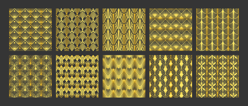 Luxury art deco patterns. Golden vintage ornaments, geometric lines arts seamless pattern vector set