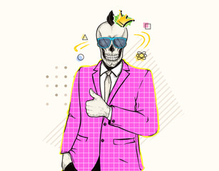 Smiling gothic man with punk skull head in sunglasses and crown rock music symbol. Contemporary zine collage pop art, trendy modern magazine style. Business human rocker in pink jacket show thumbs up.