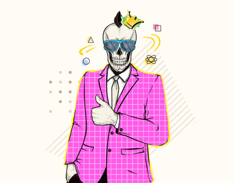 Smiling gothic man with punk skull head in sunglasses and crown rock music symbol. Contemporary zine collage pop art, trendy modern magazine style. Business human rocker in pink jacket show thumbs up.