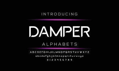 DAMPER  Sports minimal tech font letter set. Luxury vector typeface for company. Modern gaming fonts logo design.