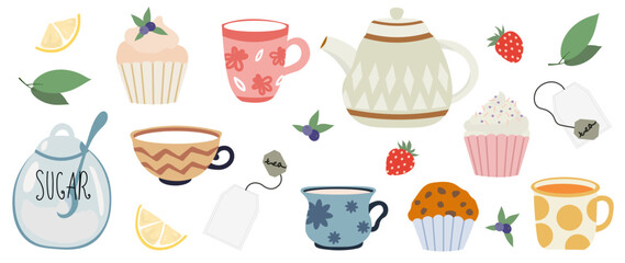 Set of vector isolated elements on a white background. Cups, mugs, tea bags, teapot and sugar bowl, jars, muffins, muffins, desserts, tea ceremony with strawberry leaves and berries.