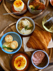 Brunch table setting with different delicious food indoors, top view