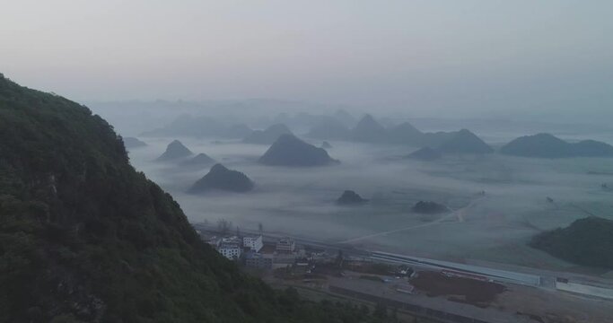 Aerial view of Luoping valley in early morning, Yunnang, China.