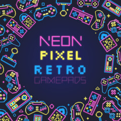 Obraz na płótnie Canvas Vector. Neon pixel retro gamepads. Round frame illustration.