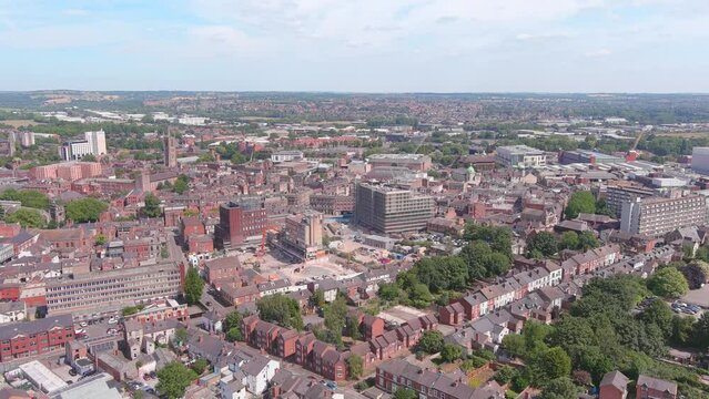 Derby, UK: Aerial view of city in England, center of city with mixture of modern and historic buildings - landscape panorama of United Kingdom from above