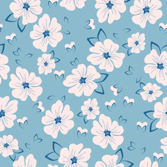 Fototapeta na wymiar seamless vintage pattern. white flowers . blue background. vector texture. fashionable print for textiles and wallpaper.