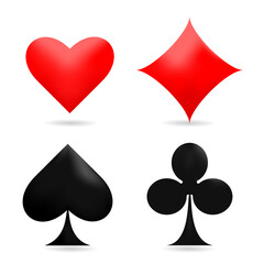 Realistic 3d vector illustration of the four poker playing cards suits symbols with shadows isolated on white background. Spades Hearts Diamonds and Clubs icons