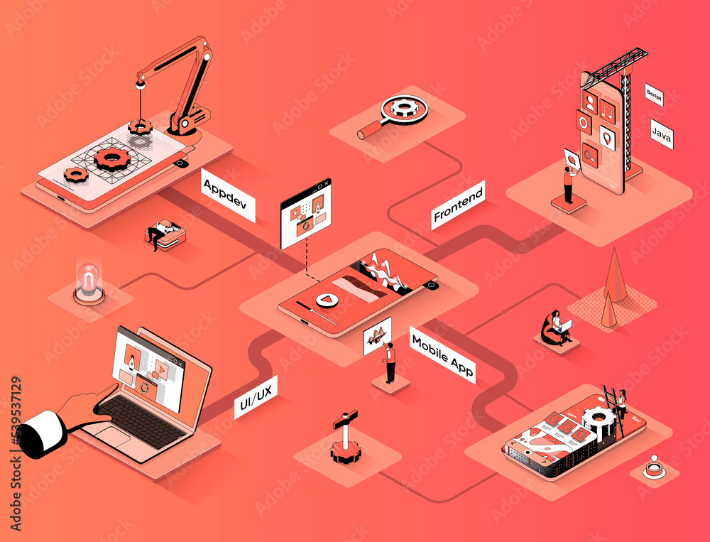Fototapete App development isometric web banner. Programming smartphone mobile or computer application flat isometry concept. UI UX design developing 3d scene. Illustration with tiny people characters