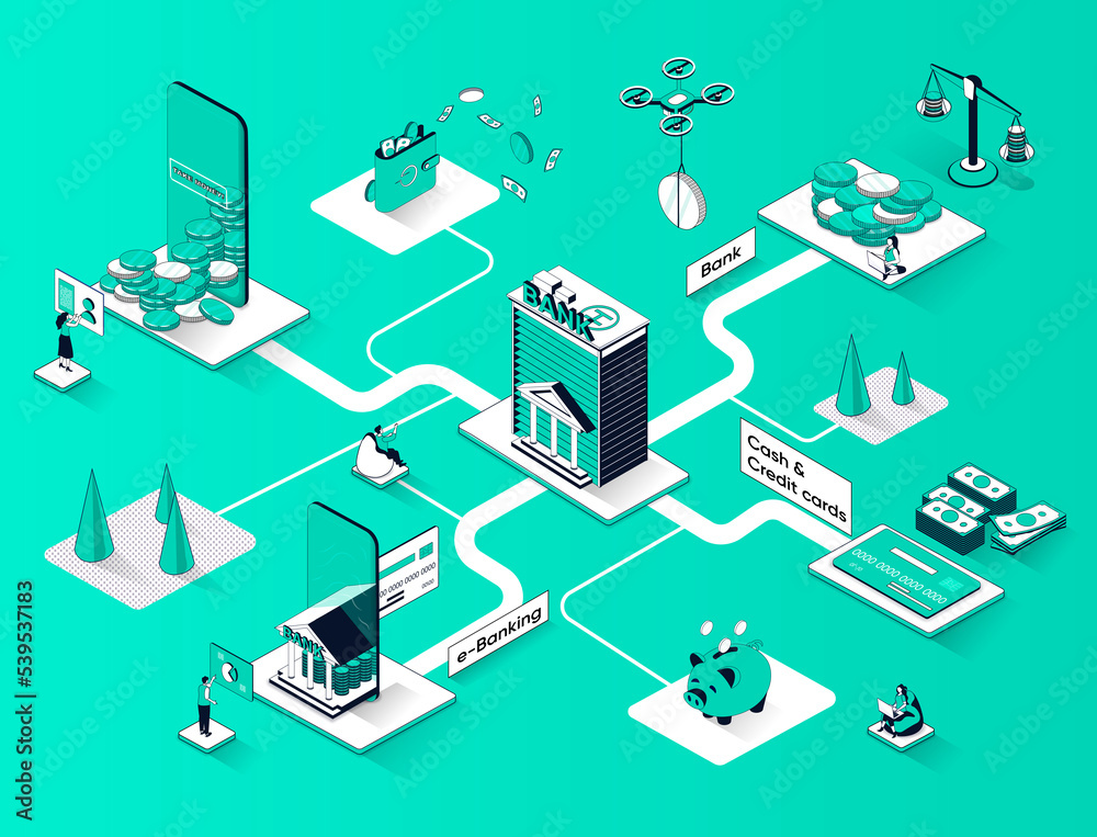 Poster banking services isometric web banner. digital wallet, e-banking, cash and credit cards flat isometr