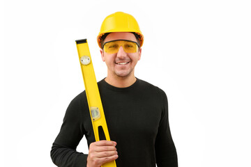 Smiling male builder in construction hardhat and building level on white background. Building, teamwork