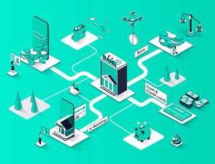 Banking services isometric web banner. Digital wallet, e-banking, cash and credit cards flat isometry concept. Financial transactions 3d scene design. Illustration with tiny people characters