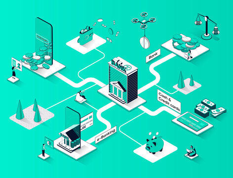 Banking services isometric web banner. Digital wallet, e-banking, cash and credit cards flat isometry concept. Financial transactions 3d scene design. Illustration with tiny people characters