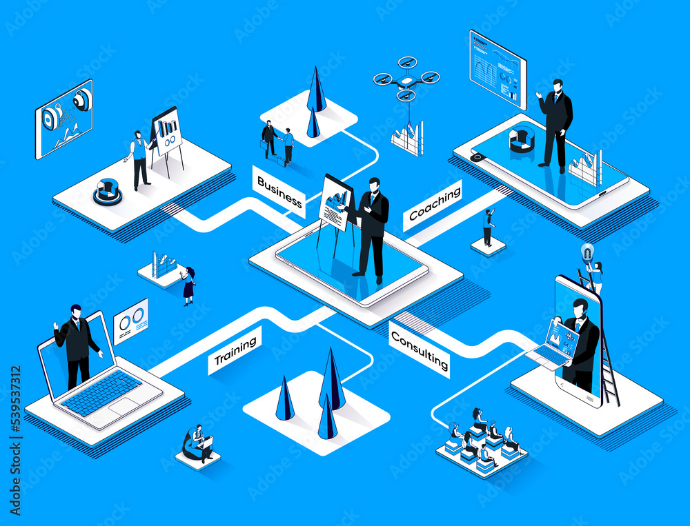 Aufkleber Business training isometric web banner. Coaching, mentoring and consulting flat isometry concept. Career development course, education 3d scene design. Illustration with tiny people characters