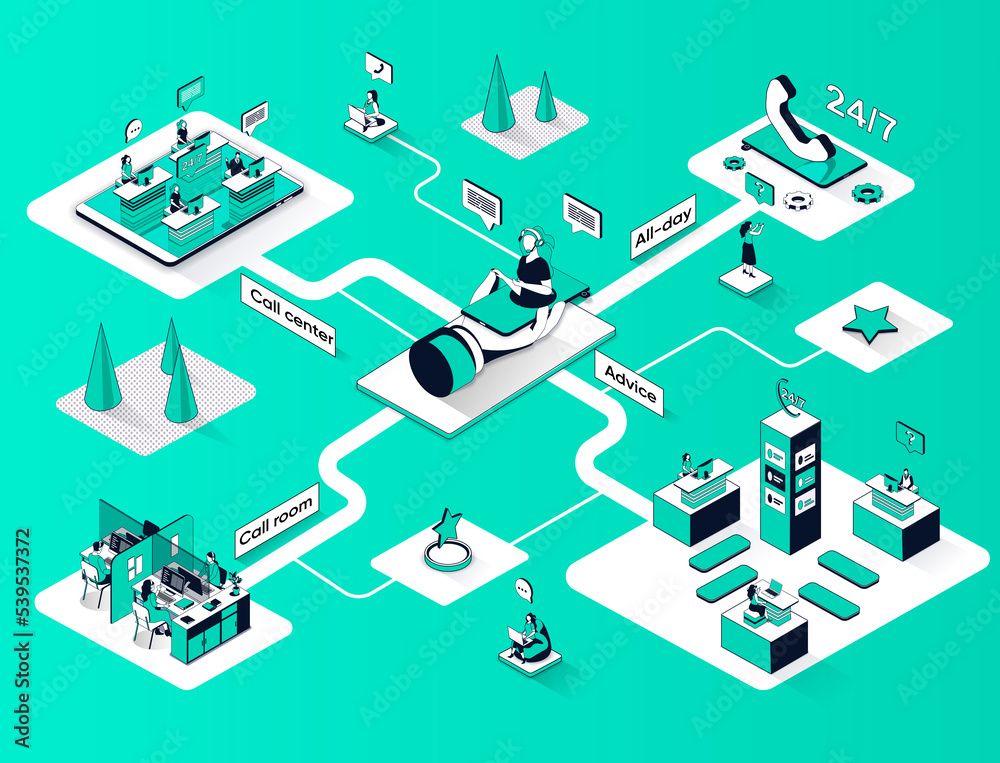 Fototapete call center isometric web banner. hotline operators in office flat isometry concept. online customer