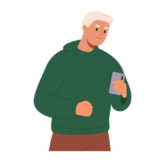 Person reading bad news in phone, negative content in internet. Anger from information from media.
