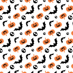 set of elements, Halloween Seamless Pattern With Pumpkin And Bats. Seamless Halloween pattern. Cute Halloween elements for greeting card. Vector Illustration