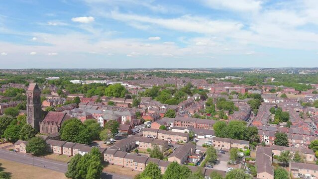 Derby, UK: Aerial view of city in England, suburb with residential houses and greenery - landscape panorama of United Kingdom from above