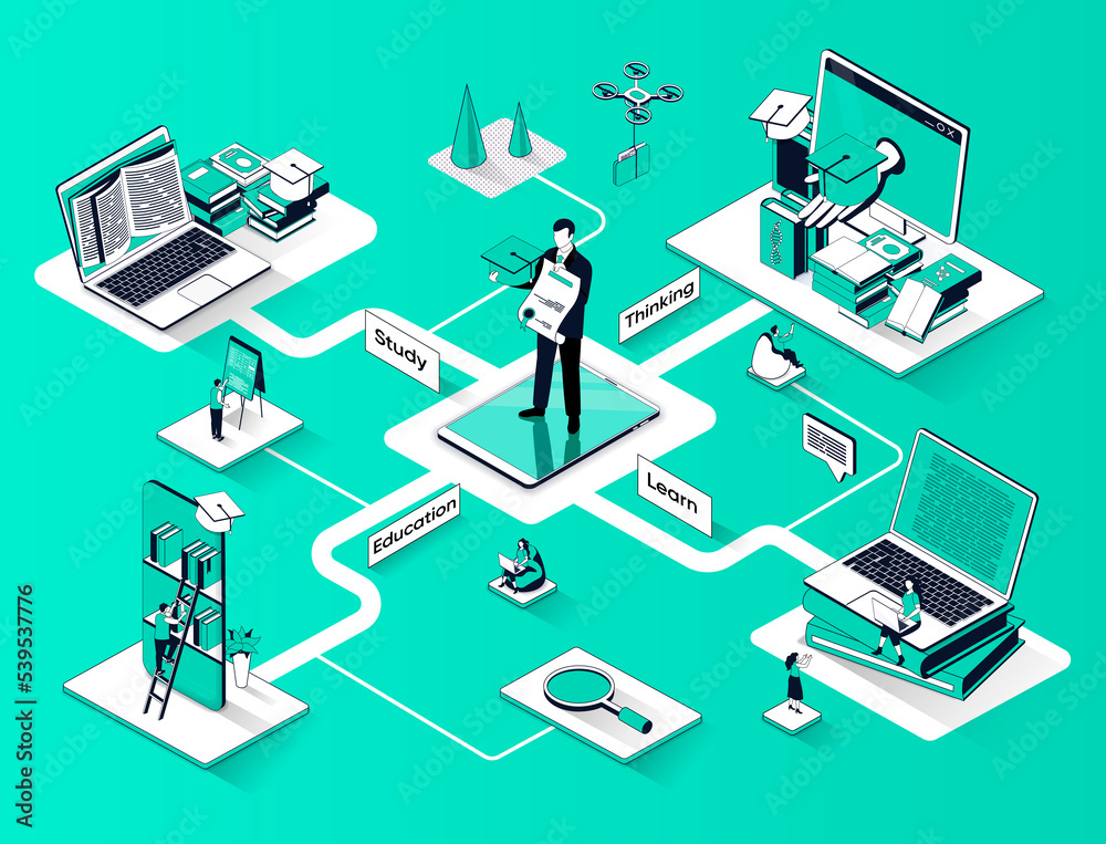 Aufkleber education isometric web banner. university degree or professional development flat isometry concept.