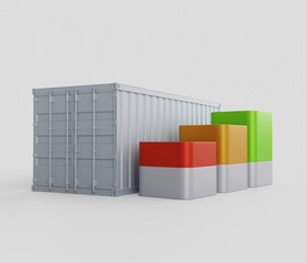 Freight statistics. Chart bars next to the shipping container. Cargo transportation and delivery. 3d rendering.