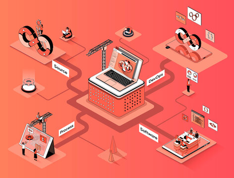 DevOps isometric web banner. Development and software operation flat isometry concept. Culture of creation IT product, success teamwork 3d scene design. Illustration with tiny people characters