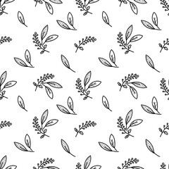 seamless plants pattern with simple doodle leaves and berries
