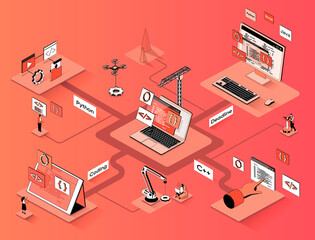 Obraz premium Programming company isometric web banner. Development and creation of software flat isometry concept. Coding and testing application 3d scene design. Illustration with tiny people characters