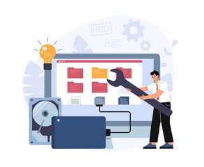 The concept of data recovery from hdd and ssd drives. Vector illustration.