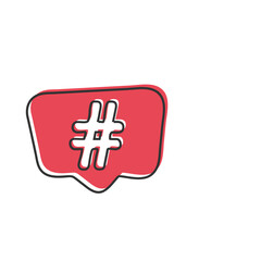 white hashtag icon in red speech bubble.