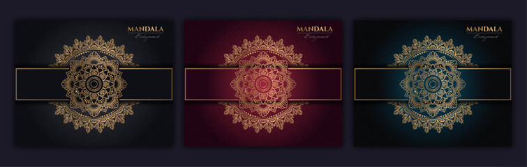 Set of abstract gold luxury mandala background vector template, Circular ornamental arabesque pattern for poster, cover, brochure, flyer. Red, green, blue background with ethnic floral mandala element