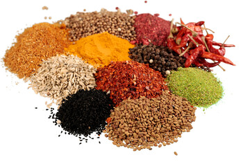 Composition of various spices on white background - obrazy, fototapety, plakaty
