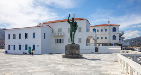 Unknown Sailor Statue in Andros island, Greece. Riva square in Chora town.