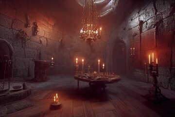 An inside hall of a Transylvanian vampire castle from Victorian times. A table in the living room with chairs and candles in Transylvania. 3D illustration of Halloween for horror theme backgrounds.