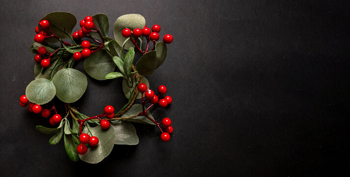 Christmas wreath decoration, blooming plant on black background, copy space