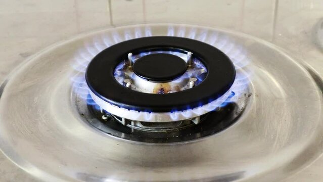 Gas cooker with burning flames of gas. Domestic kitchen with blue flames burning