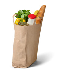 Food in brown grocery bag isolated over white background - obrazy, fototapety, plakaty