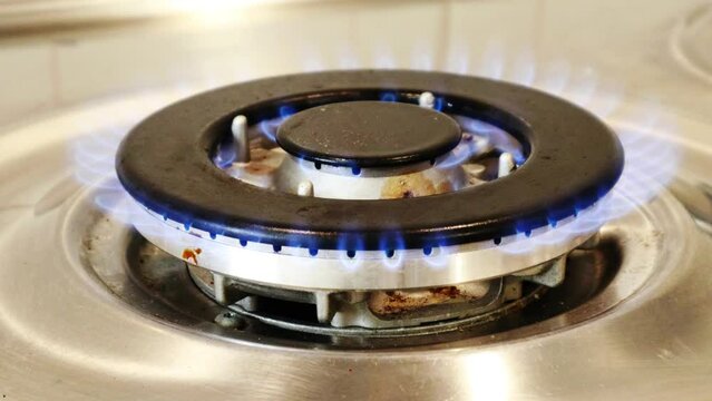 Gas cooker with burning flames of gas. Domestic kitchen with blue flames burning