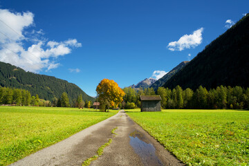 Fototapeta na wymiar Indian summer in fall in the alpine valley of Holzgau in Tyrol Austria