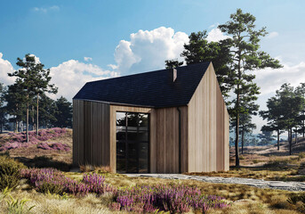 visualization of a modern house in a barn style with a wooden front  © to_go
