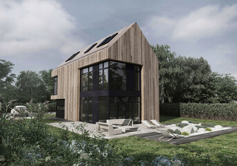 visualization of a modern house in a barn style with a wooden front  © to_go