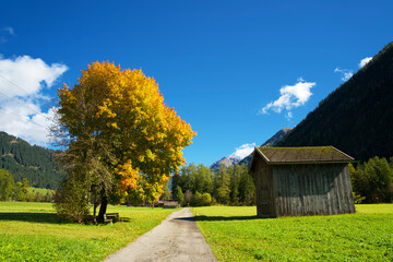 Indian summer in fall in the alpine valley of Holzgau in Tyrol Austria