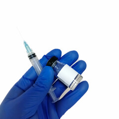 Researcher holding vaccine vial  and syringe, vaccination concept. copy space on vial