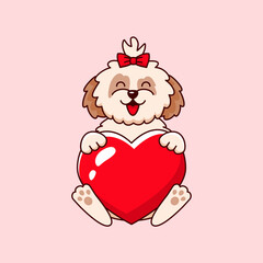 Cartoon shih tzu dog holding heart love. Vector illustration